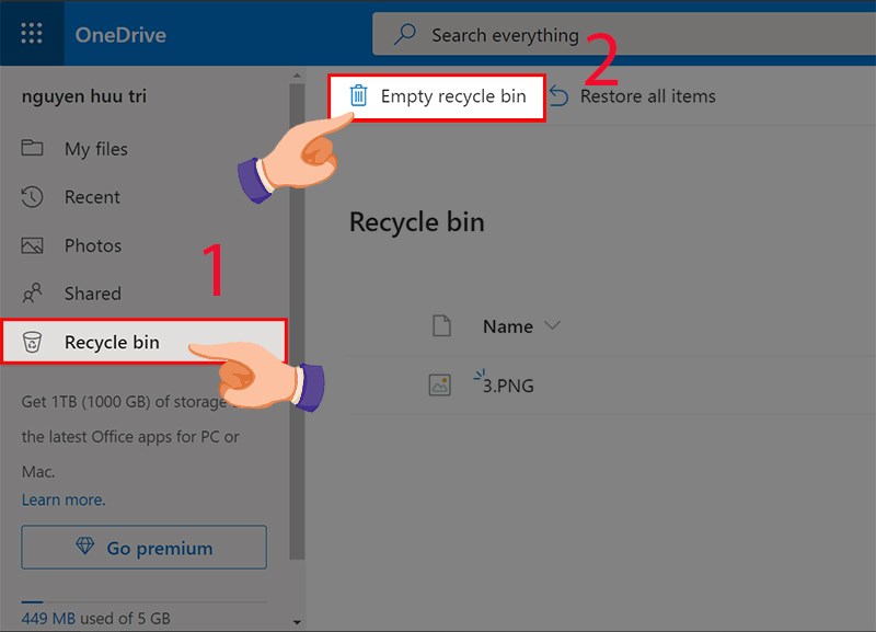Click vào Recycle bin (thùng rác) sau đó chọn Empty recycle bin (xóa sạch thùng rác). Click vào Recycle bin sau đó chọn Empty recycle bin.