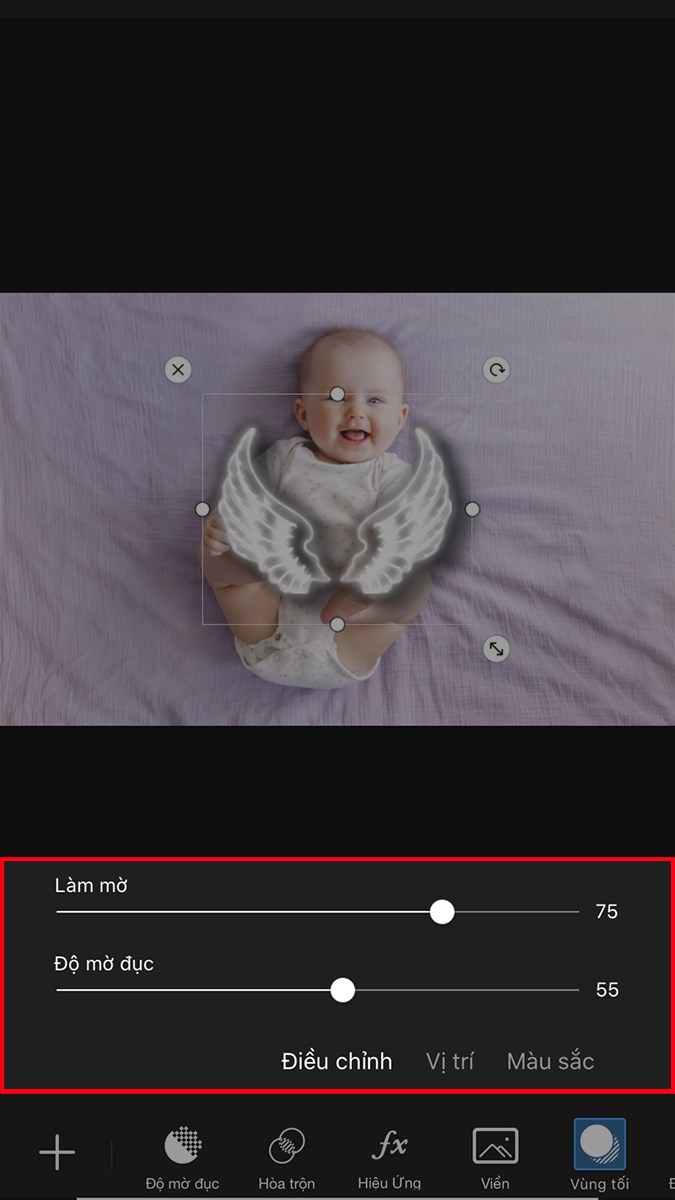 Vùng tối: làm mờ, chỉnh sửa độ mờ đục để tạo bóng cho đôi cánh Vùng tối: làm mờ, chỉnh sửa độ mờ đục để tạo bóng cho đôi cánh