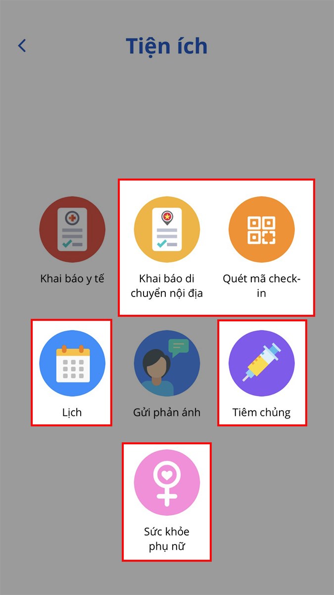 hai báo lịch sử di chuyển bằng các phương tiện như máy bay, tàu hỏa, xe khách,... khai báo bằng quét mã QR, xem lịch, xem các thông tin về sức khỏe phụ nữ và việc tiêm chủng cho trẻ với các biểu tượng tương ứng hai báo lịch sử di chuyển bằng các phương tiện như máy bay, tàu hỏa, xe khách,... khai báo bằng quét mã QR, xem lịch, xem các thông tin về sức khỏe phụ nữ và việc tiêm chủng cho trẻ với các biểu tượng tương ứng