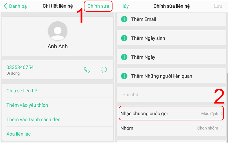 Vào Chỉnh sửa và chọn Nhạc chuông cuộc gọi