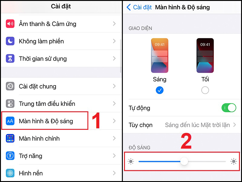 Điều chỉnh độ sáng màn hình trong Cài đặt