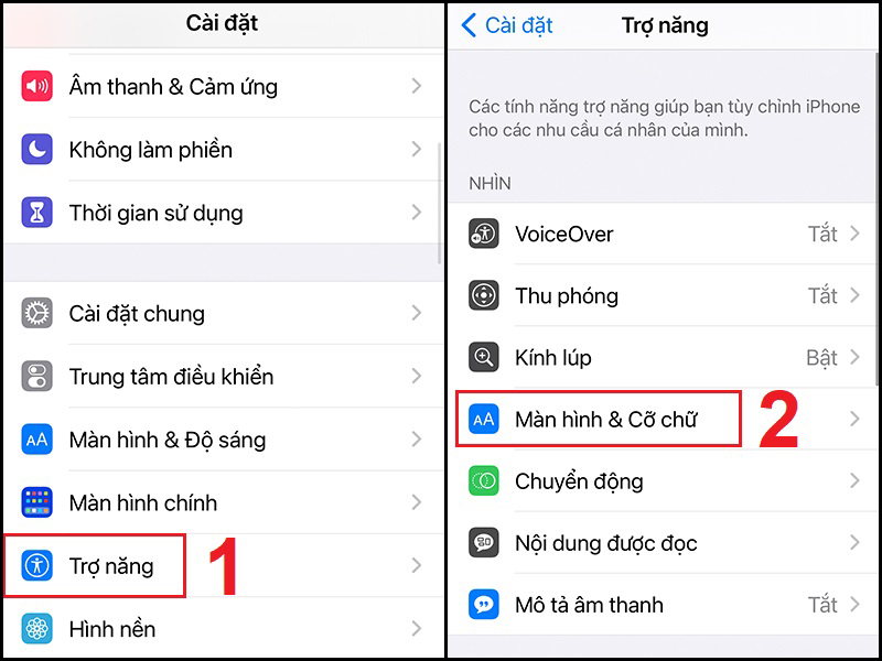 Mở mục Màn hình & Cỡ chữ