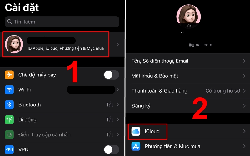 Chọn iCloud trong tài khoản