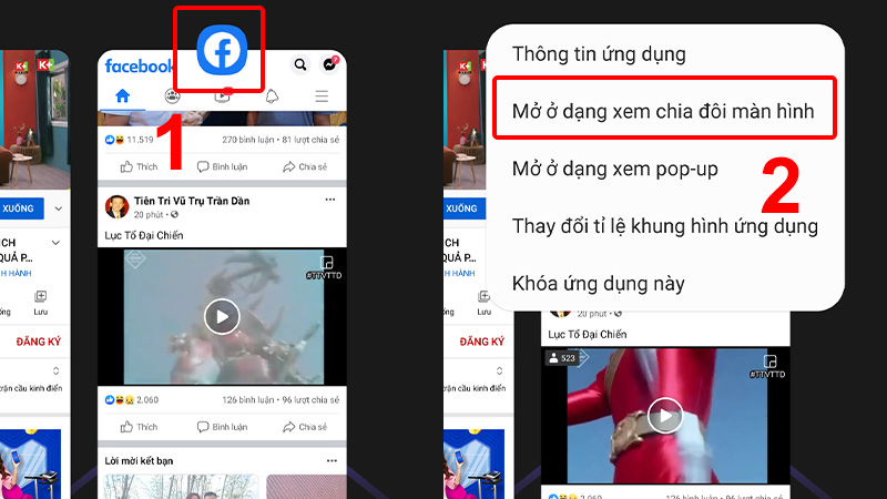 Nhấn vào biểu tượng ứng dụng và chọn Mở ở dạng xem chia đôi màn hình