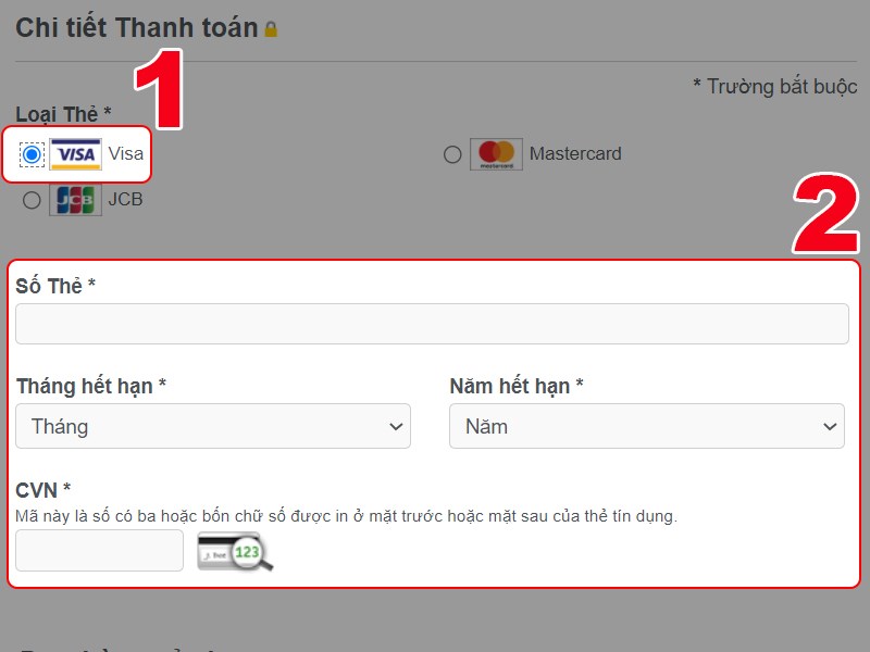 Chọn loại thẻ, nhập thông tin thẻ tín dụng Chọn loại thẻ, nhập thông tin thẻ tín dụng