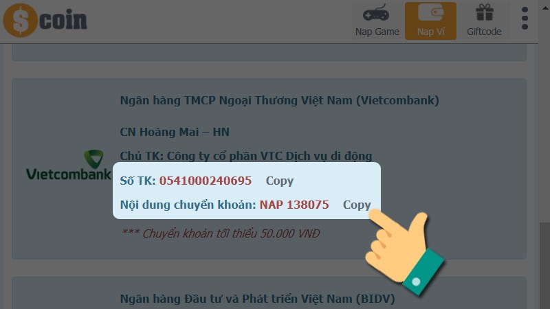 Chuyển khoản vào tài khoản như hướng dẫn Chuyển khoản vào tài khoản như hướng dẫn