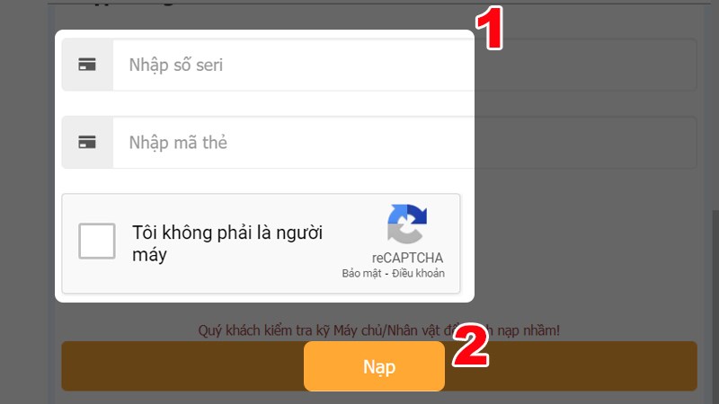 Nhập thông tin thẻ cào Nhập thông tin thẻ cào
