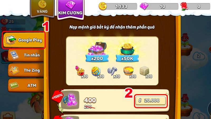 Chọn phương thức thanh toán và gói kim cương Chọn phương thức thanh toán và gói kim cương