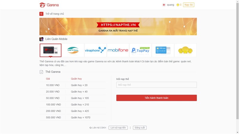 cach-nap-tien-trong-lien-quan-chi-tiet-nhat3-800x449-1 Bước 3: Chọn hình thức thanh toán.