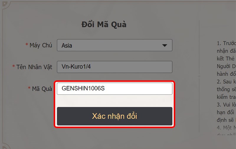 cach-nhan-code-genshin-impact-don-gian-co-san-code-moi4-800x506-1 Bước 4: Nhập code theo khu vực, nhấn Xác nhận đổi