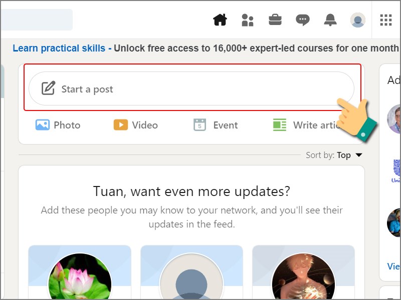Nhấn vào Start a Post Nhấn vào Start a Post