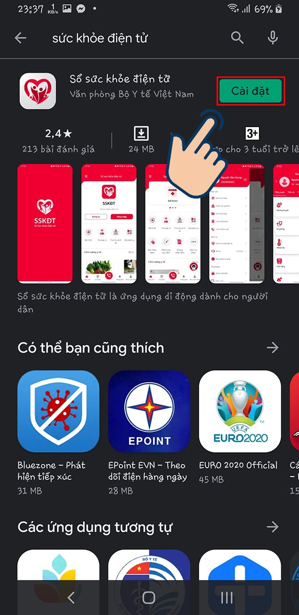 Sau đó tìm kiếm ứng dụng Sổ sức khoẻ điện tử và nhấn Cài đặt để tải về. Sau đó tìm kiếm ứng dụng Sổ sức khoẻ điện tử và nhấn Cài đặt để tải về.