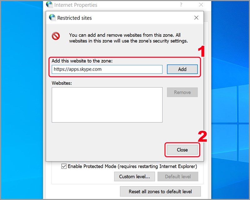 Nhập địa chỉ app Skype vào Add this website to the zone Nhập địa chỉ app Skype vào Add this website to the zone