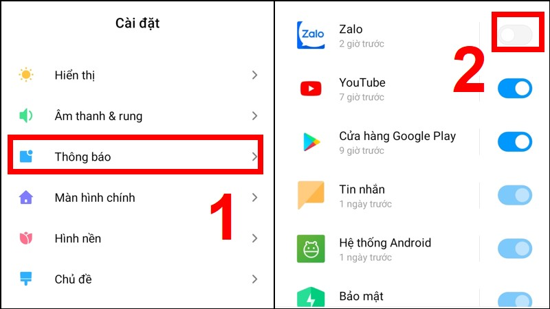Nhấn chọn mục Thông báo, tìm ứng dụng và nhấn gạt nút Tắt