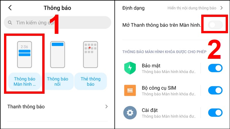 Gạt nút Tắt cho tùy chọn Mở Thanh thông báo trên Màn hình khóa