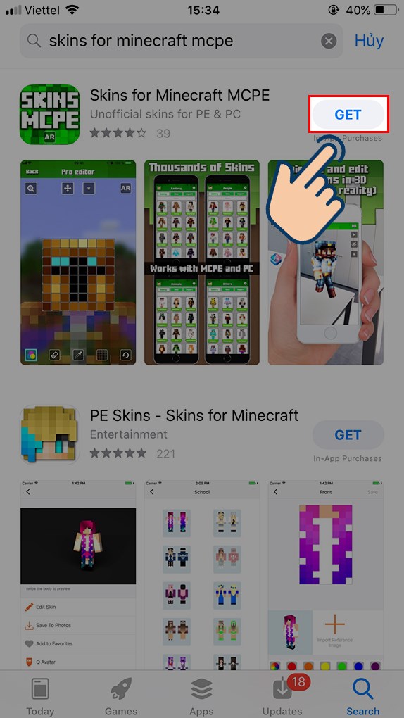 cach-thay-doi-skin-minecraft-pe-tren-dien-thoai-don-gian5-574x1020-1 Đầu tiên bạn hãy vào Appstore tìm kiếm và tải Skins for Minecraft MCPE.