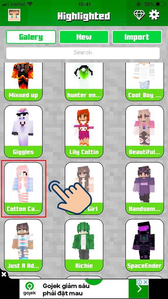 cach-thay-doi-skin-minecraft-pe-tren-dien-thoai-don-gian6-574x1020-1 Sau đó mở ứng dụng vừa tải, tại màn hình chín chọn vào skin yêu thích.