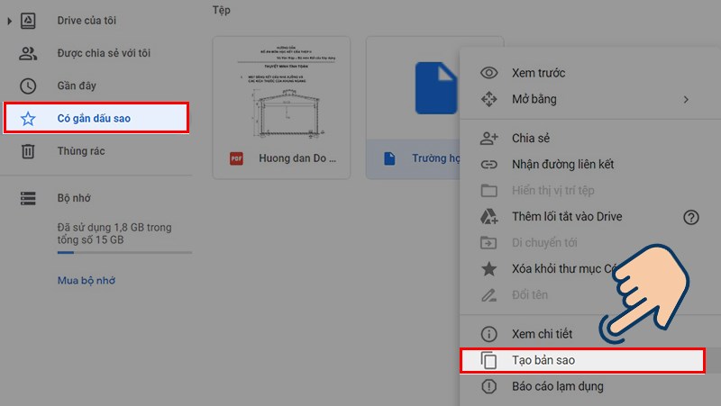 cach-xem-video-tai-file-tren-google-drive-bi-gioi-han-het3-800x451-1 Quay lại tài khoản Google Drive ấn vào Có gắn dấu sao. Click chuột phải vào file và chọn Tạo bản sảo.