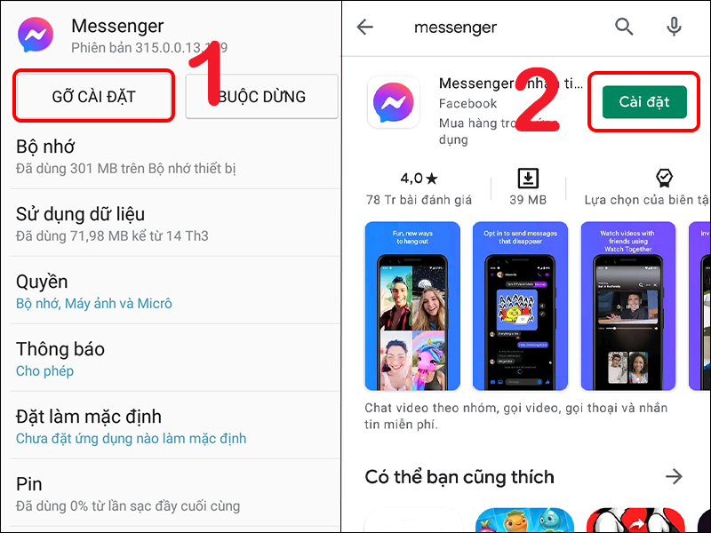 Gỡ và cài đặt lại ứng dụng Messenger