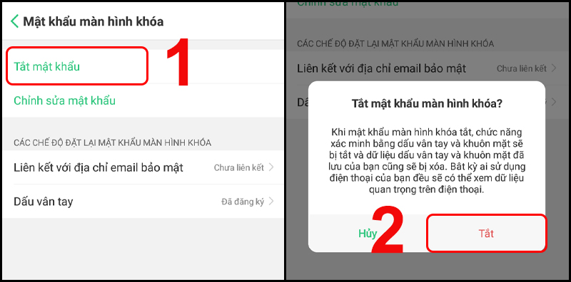 Thao tác tắt mật khẩu màn hình khóa điện thoại