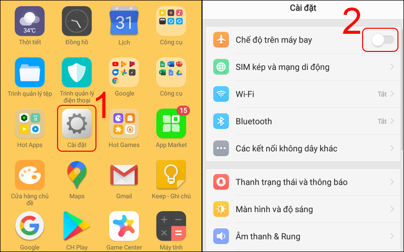 Vào Cài đặt và chọn bật/tắt Chế độ máy bay