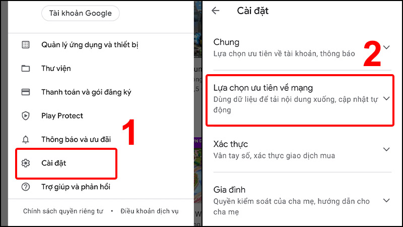 Nhấn vào Cài đặt và tùy chọn hình thức tải về