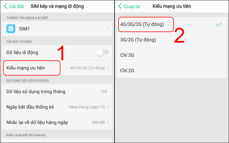 Chọn Kiểu mạng ưu tiên và nhấn chọn mạng phù hợp