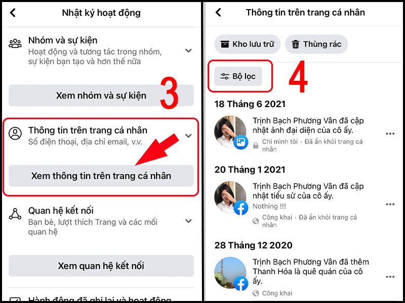 Chọn xem thông tin trên trang cá nhân để tìm bài viết bạn muốn hiển thị