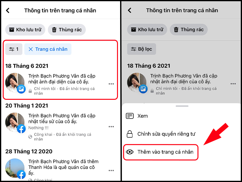 Nhấp vào dấu ba chấm bên phải bài viết bạn cần và chọn Thêm vào trang cá nhân
