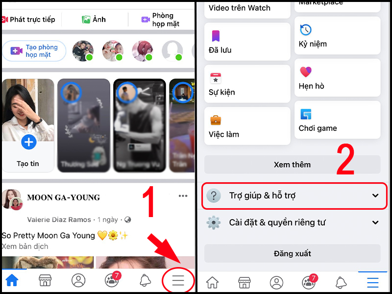 Chọn biểu tượng ba gạch ngang để tìm mục Trợ giúp & Hỗ trợ