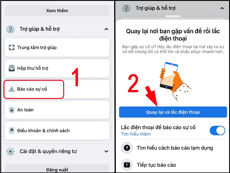 Chọn Báo cáo sự cố rồi nhấn Quay lại và lắc điện thoại