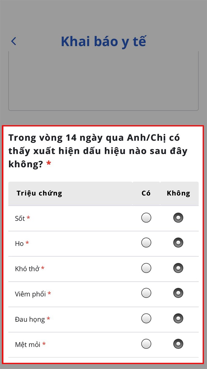Nhấn dấu vào ô Có hoặc Không với các triệu chứng tương ứng Nhấn dấu vào ô Có hoặc Không với các triệu chứng tương ứng