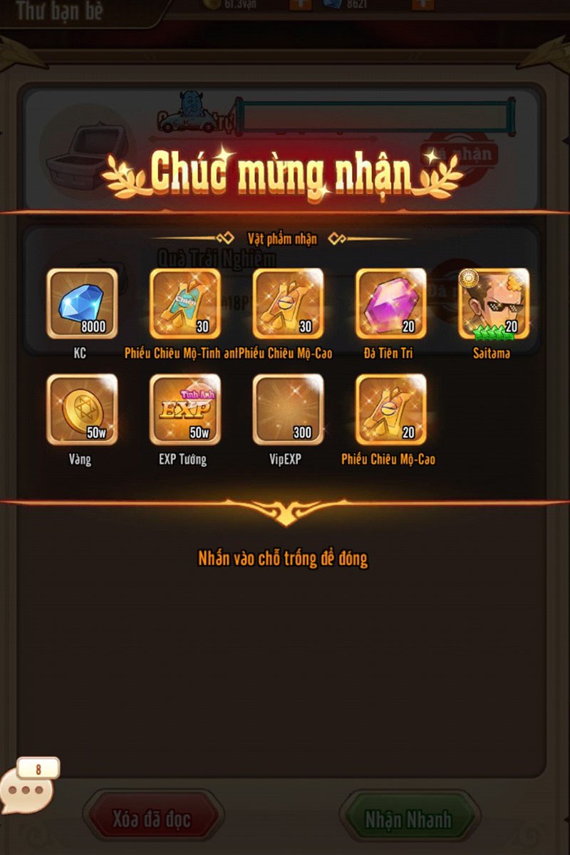 Hệ thống thông báo nhận thưởng thành công Hệ thống thông báo nhận thưởng thành công