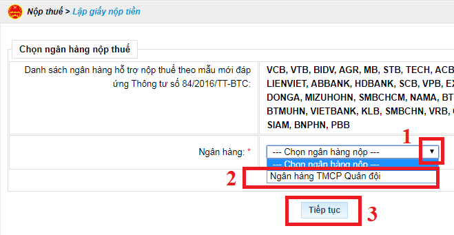Chọn ngân hàng thực hiện nộp thuế