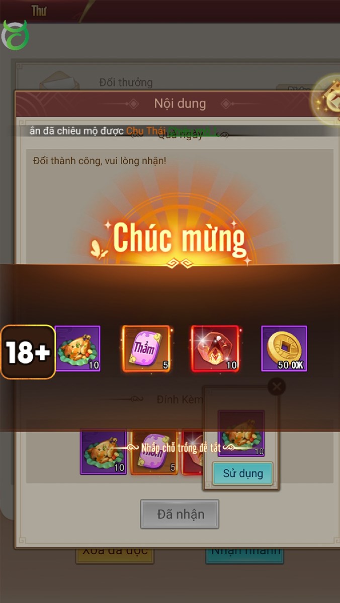 Thông báo nhận quà thành công Thông báo nhận quà thành công