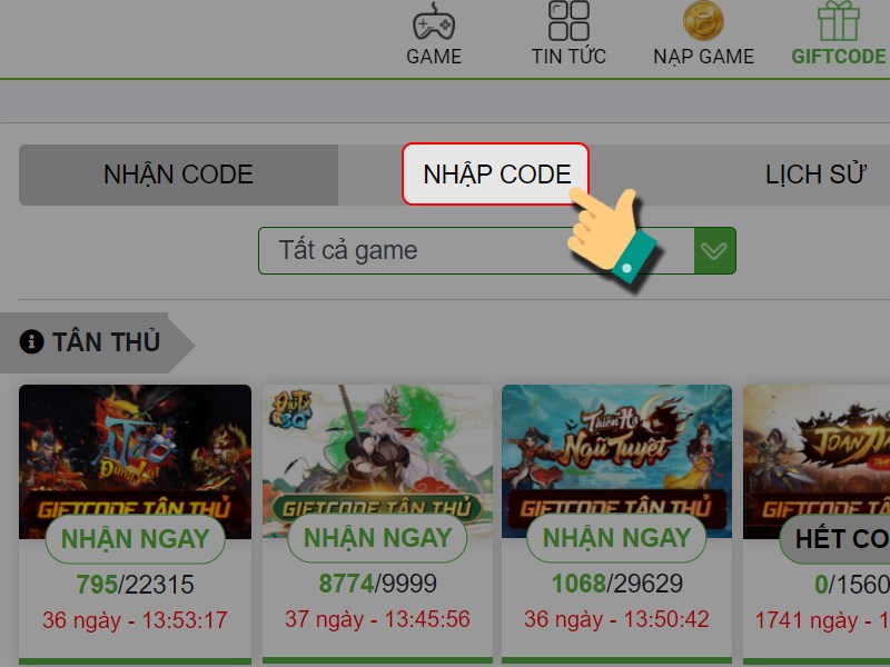 Chọn mục Nhập code Chọn mục Nhập code