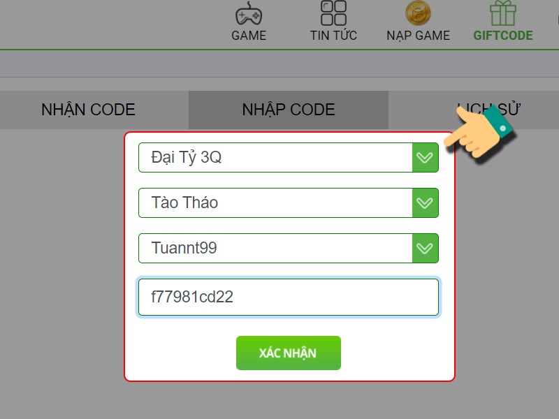 Chọn game, nhân vật và nhập mã code Chọn game, nhân vật và nhập mã code