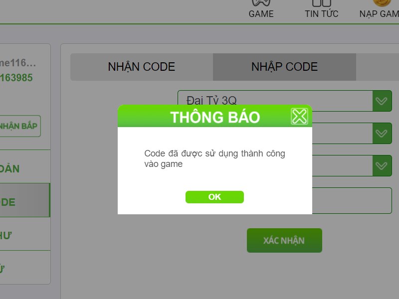 Thông báo nhập code thành công Thông báo nhập code thành công