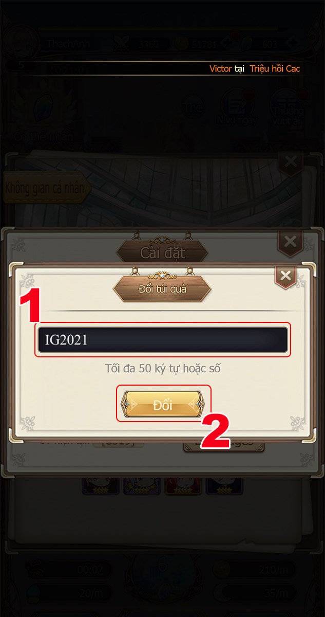 Chọn Giftcode Nhập mã code để nhận quà