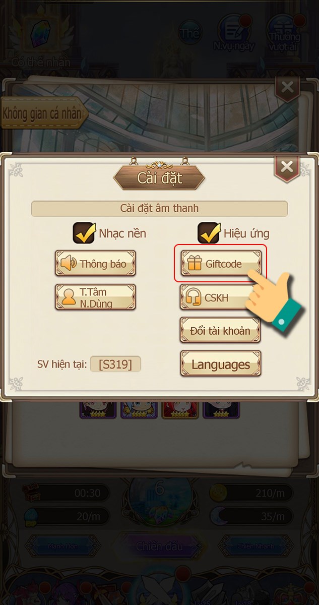 Nhấn vào Giftcode Nhấn vào Giftcode