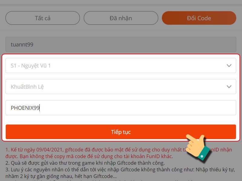 Chọn nhân vật và nhập code bạn có Chọn nhân vật và nhập code bạn có