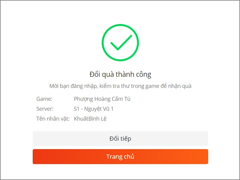 Thông báo nhập code thành công Thông báo nhập code thành công