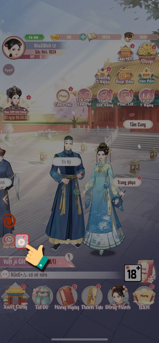 Mở game Phượng Hoàng Cẩm Tú và nhấn vào biểu tượng mũi tên Mở game Phượng Hoàng Cẩm Tú và nhấn vào biểu tượng mũi tên