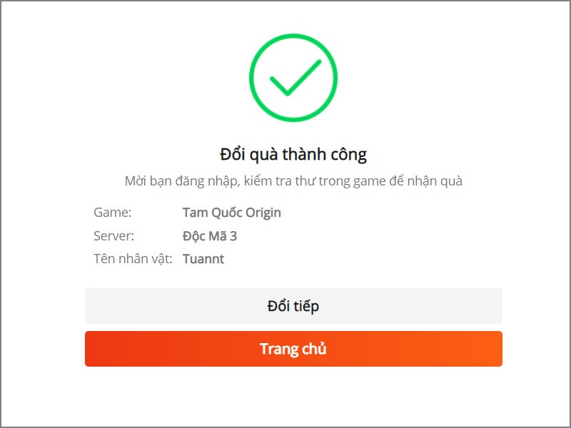 Đổi quà thành công Đổi quà thành công