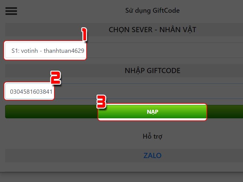 Chọn nhân vật và nhập code Chọn nhân vật và nhập code