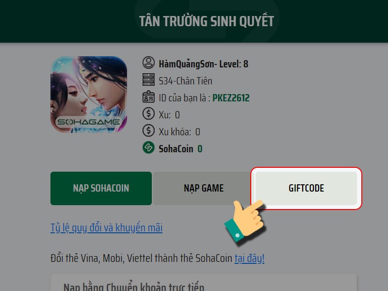 Nhấn vào Giftcode Nhấn vào Giftcode