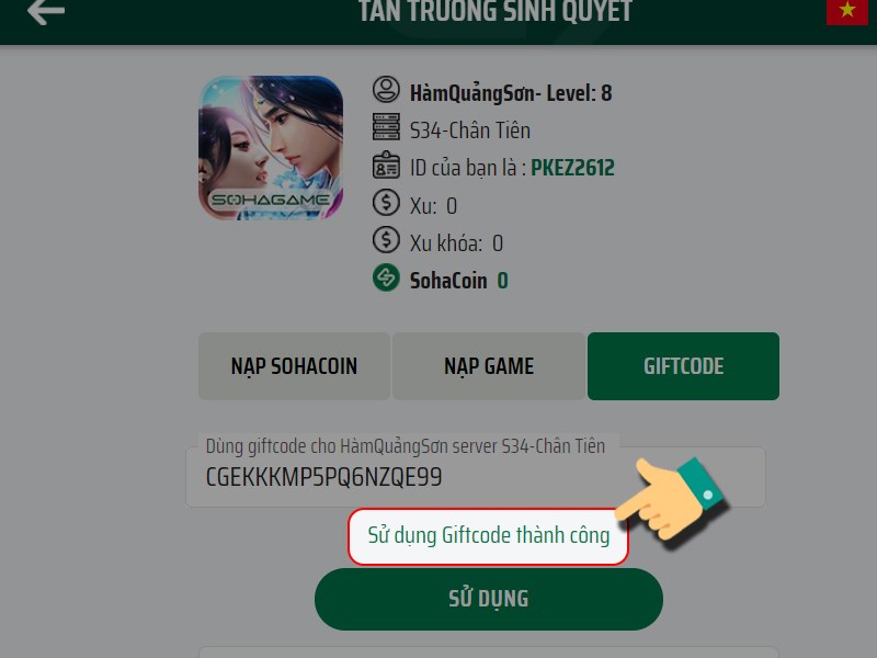 Thông báo nhập code thành công Thông báo nhập code thành công