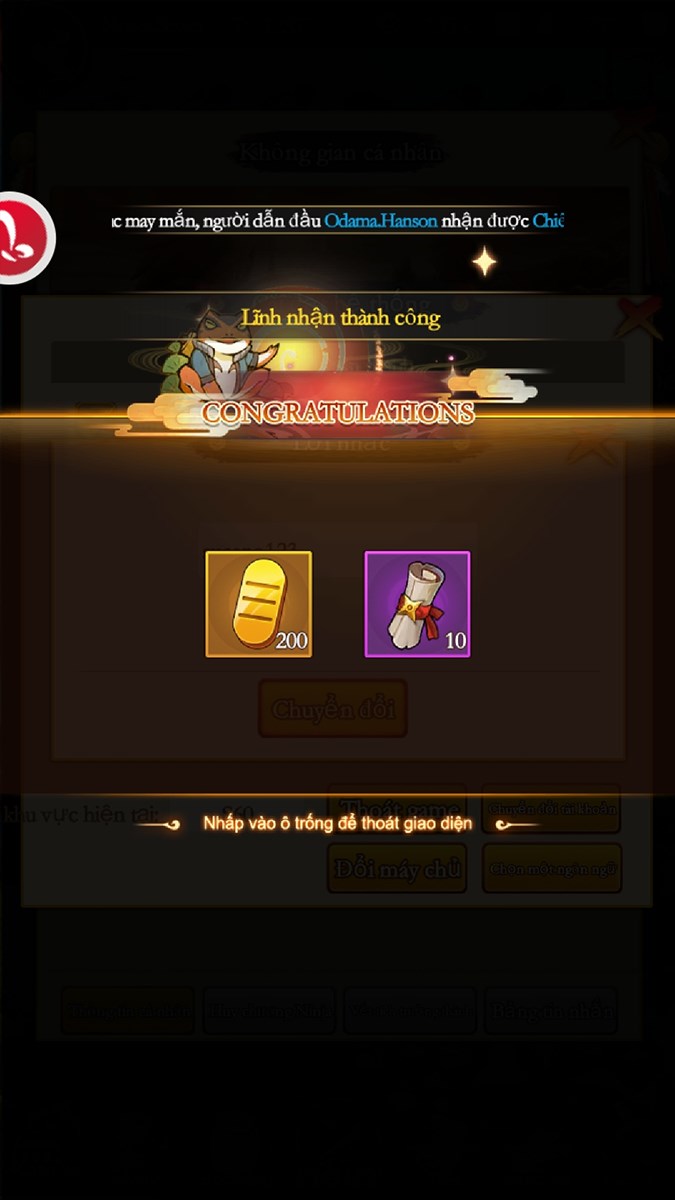 Thông báo nhập code thành công Thông báo nhập code thành công
