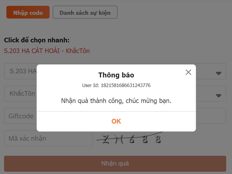 Thông báo nhập code thành công Thông báo nhập code thành công