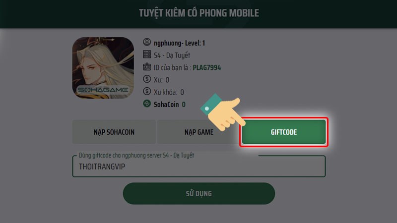 Chọn mục Giftcode Chọn mục Giftcode
